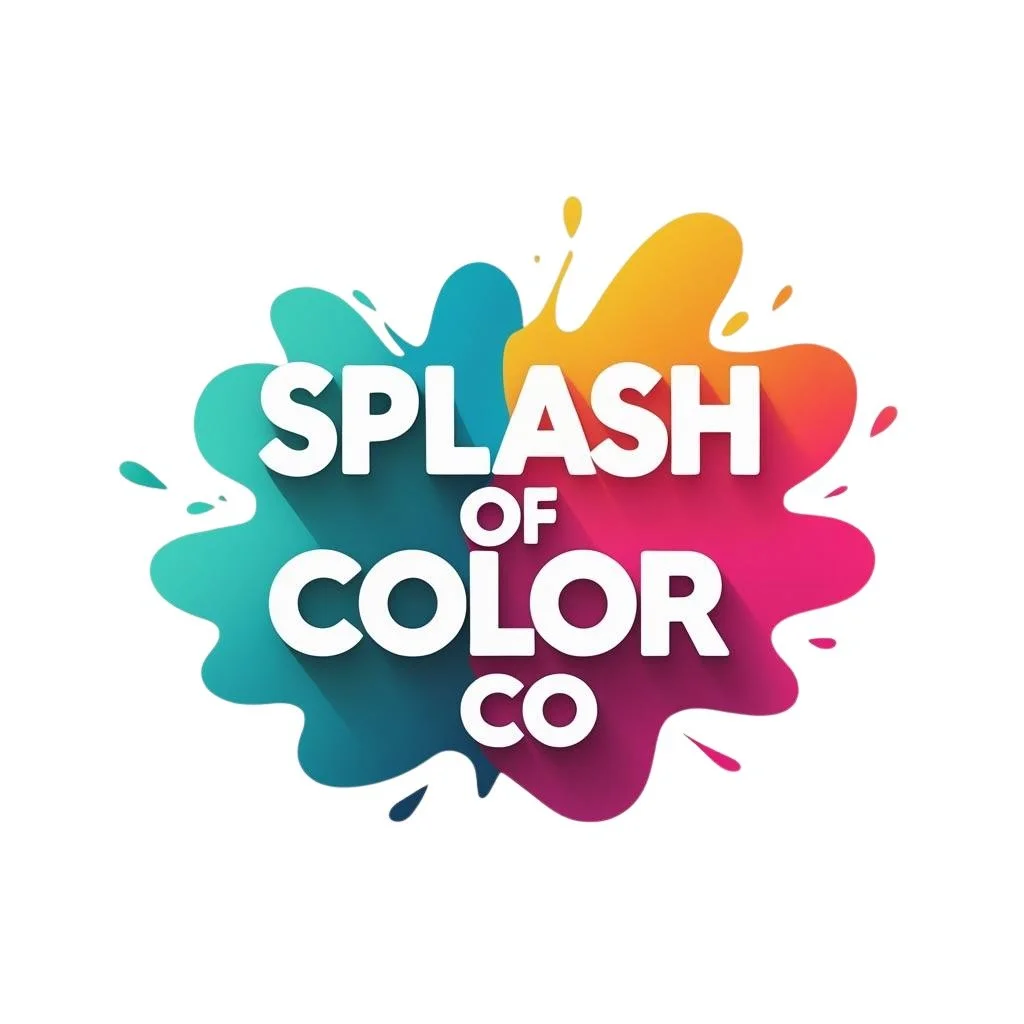 Colorful splash graphic with the text 'Splash of Color Co' in bold white font, surrounded by splashes of blue, yellow, pink, and orange on a white background.