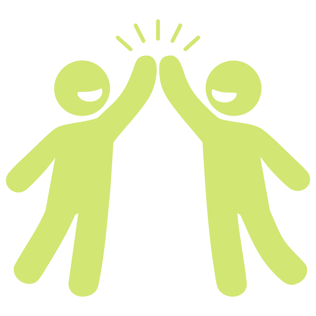 Two green cartoon figures giving a high five, smiling, with lines above their hands indicating the action.