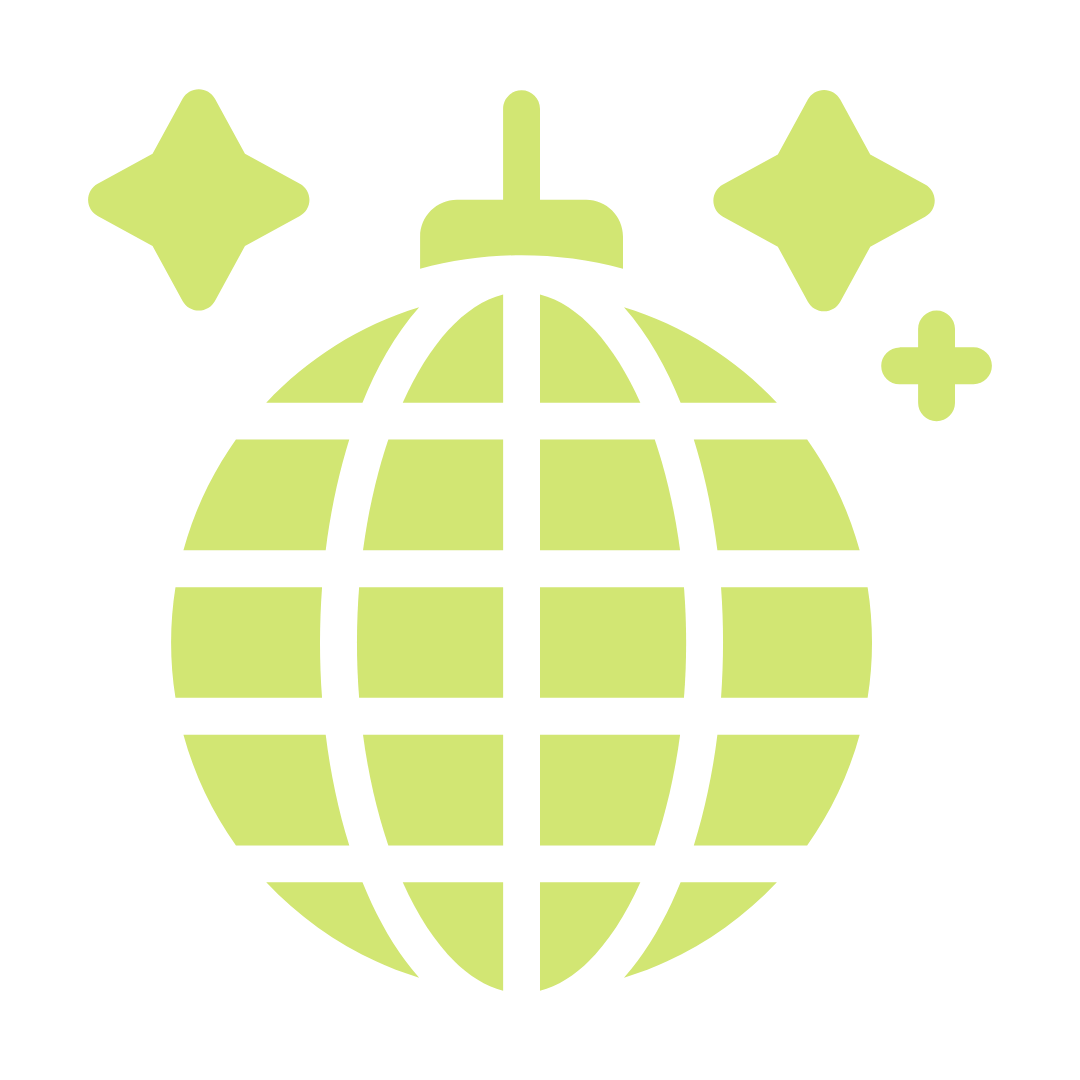 Light green globe with grid lines and three light green star shapes around it, representing a global or international theme.