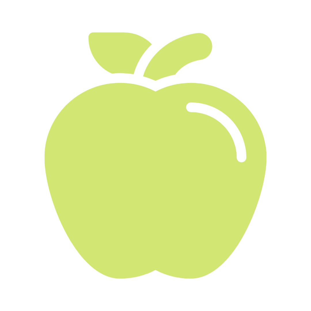Simplified drawing of a green apple with two leaves on top.
