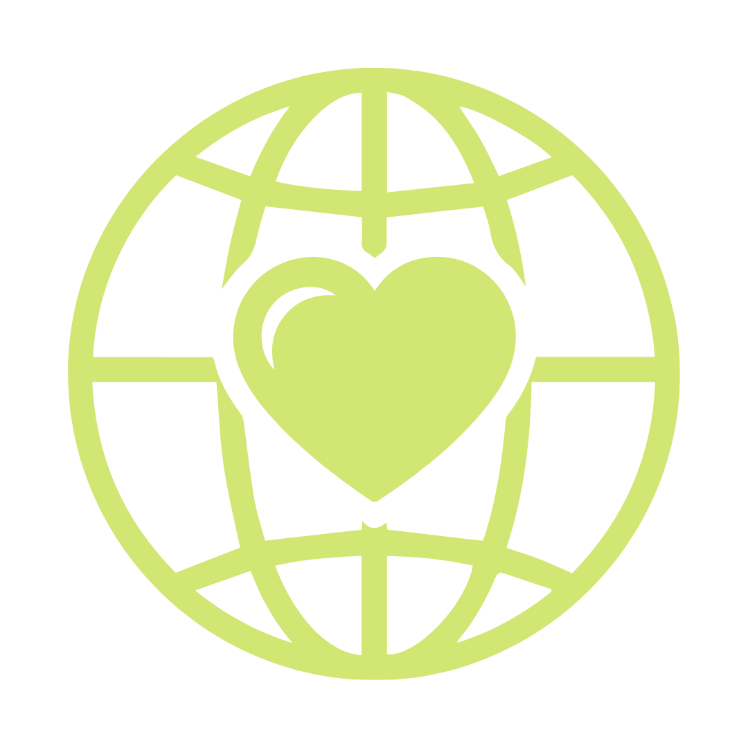 Light green icon of a globe with latitude and longitude lines, containing a heart in the center