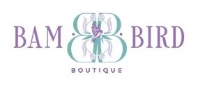 Logo for BAM BIRD Boutique featuring a stylized butterfly in purple and teal with elegant text.