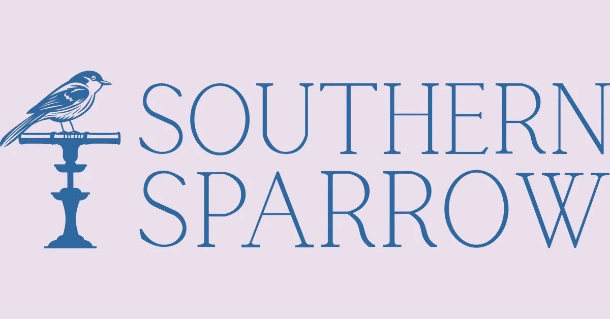 Logo for Southern Sparrow featuring a bird perched on a decorative stand with the text 'Southern Sparrow' in blue on a light purple background.