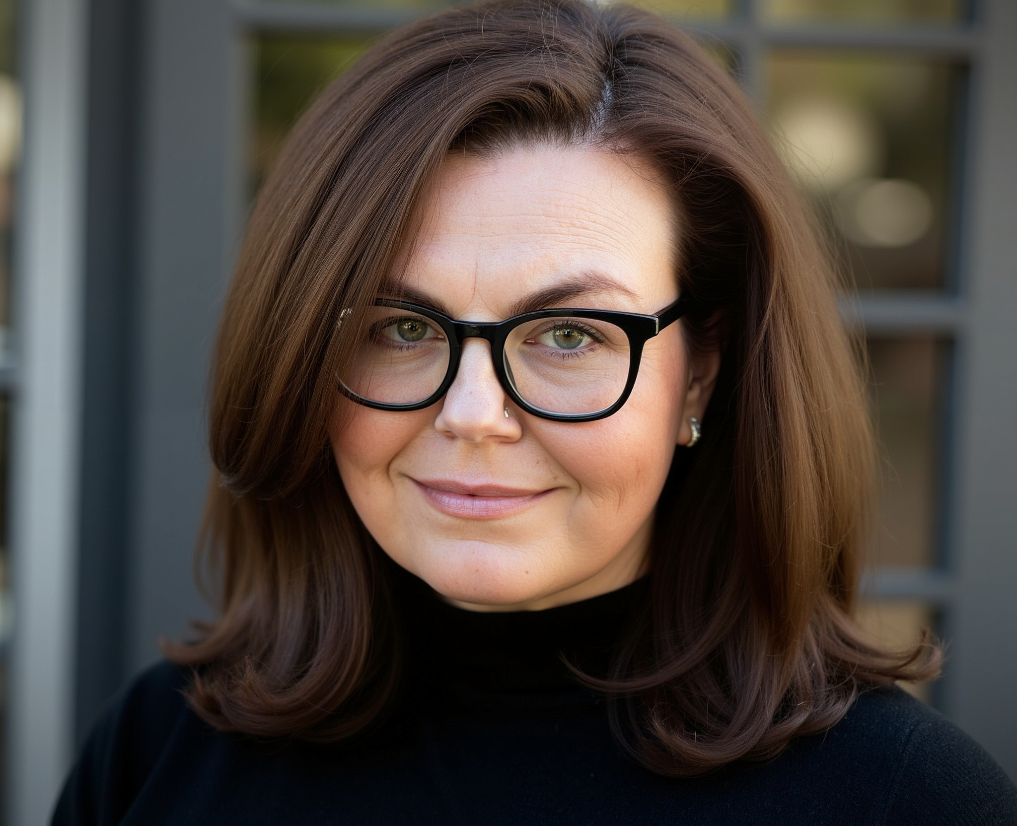A woman with shoulder-length brown hair, wearing large black-rimmed glasses, smiling and looking at the camera. She has a small nose piercing and wears earrings. She is outdoors with a blurred background of a building or structure.