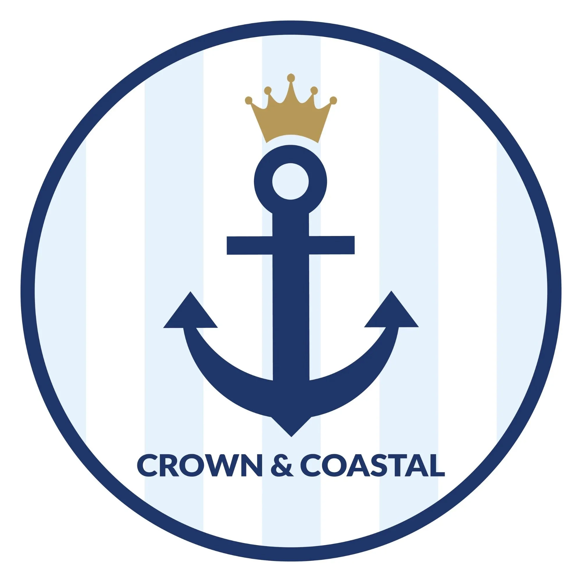 Logo with a navy anchor topped with a gold crown, with light blue and white vertical stripes in the background, and the text 'CROWN & COASTAL' below.