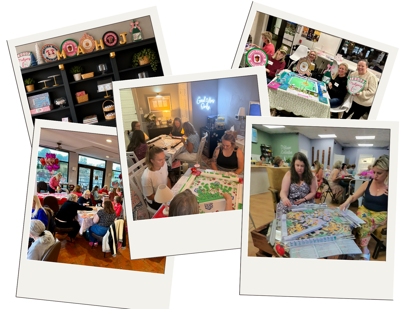 Collage of five photos showing women at social gatherings, including a board game night, a birthday celebration with balloons, a group of women playing a tabletop game, and women sitting around tables at a craft or game event in indoor settings.