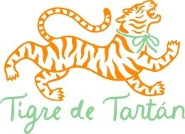 Illustration of a tiger with orange and light green colors, with the text 'Tigre de Tartán' below it.