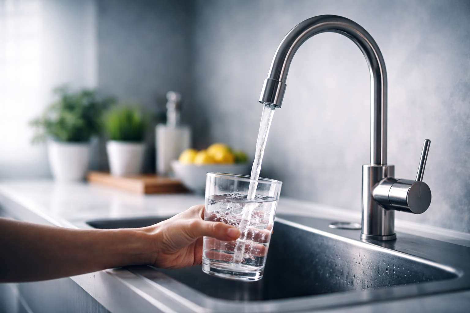 Person filling a glass with water from a modern kitchen faucet.