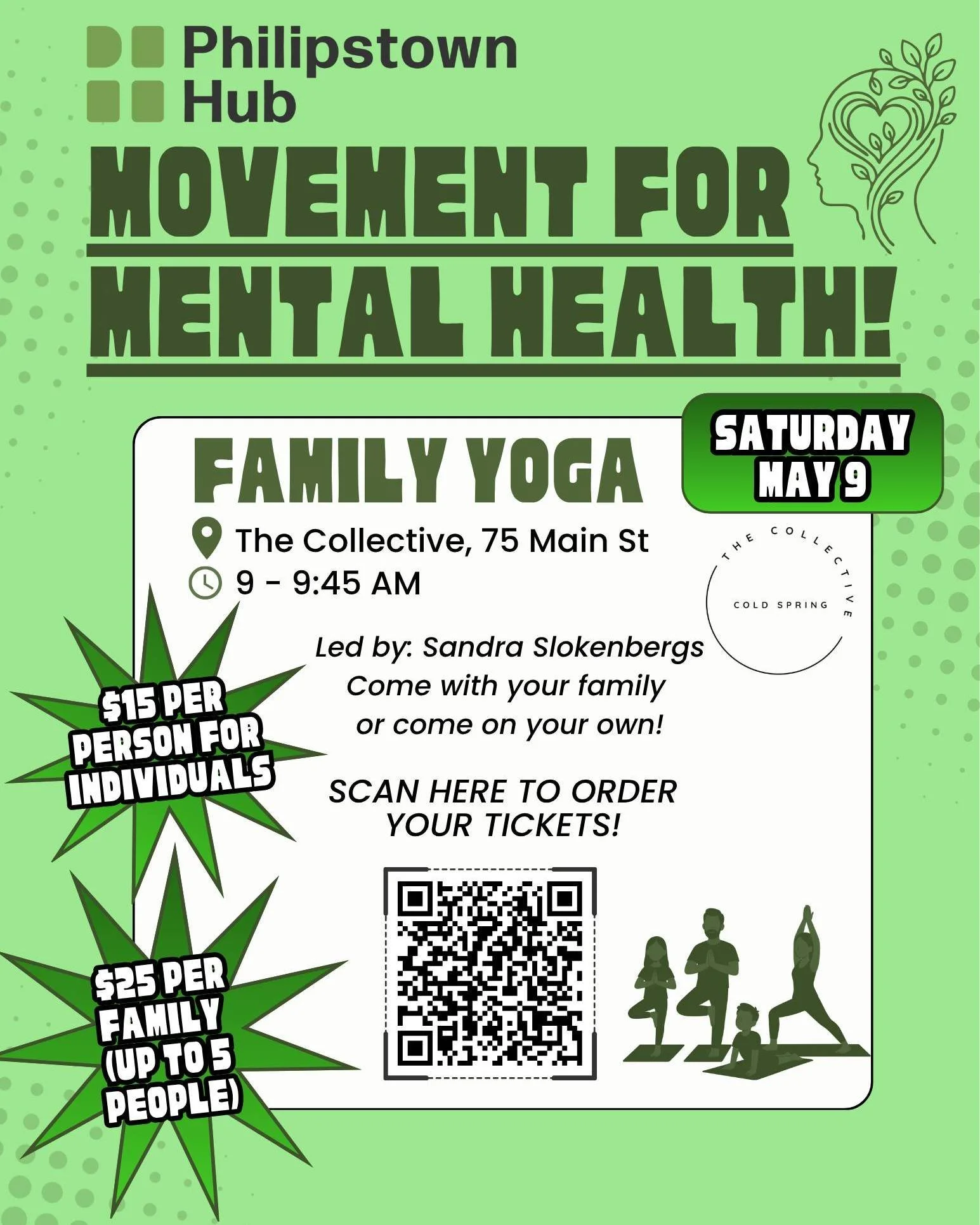 *Time Change!* Family Yoga will be held from 9 - 9:45 AM on Saturday, May 9th. 

Link to tickets: https://www.zeffy.com/en-US/ticketing/yoga-movement-for-mental-health-series 

Get ready to stretch and support your mental health! Join us for family y