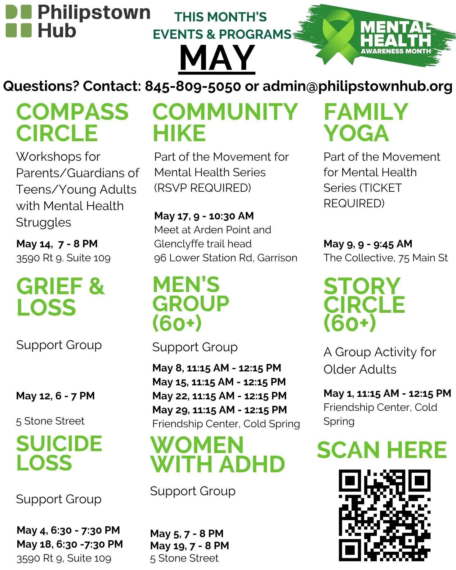 Here's what's happening at the Hub this month 💚🌷
We are excited to continue our Movement for Mental Health series in recognition of Mental Health Awareness Month. Find all the details in the flyers! 

Link for Compass Circle RSVP: compasscircle.eve