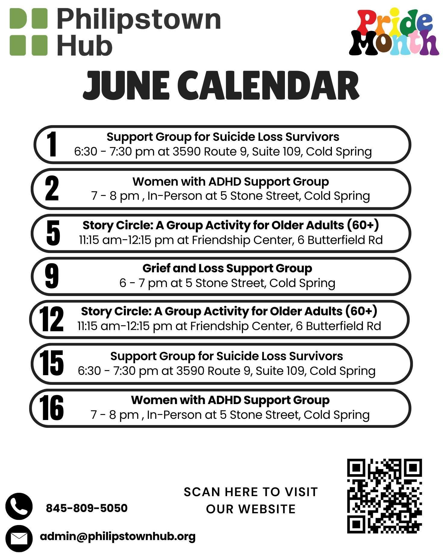 &ldquo;June is the pearl of summer, shining with warmth and joy.&rdquo; - L.M. Montgomery 
Here's what's happening at The Hub this month 💚🌞

June 1st: Support Group for Suicide Loss Survivors, 6:30 PM, Hub on Rt 9
June 2nd: Women with ADHD Support 