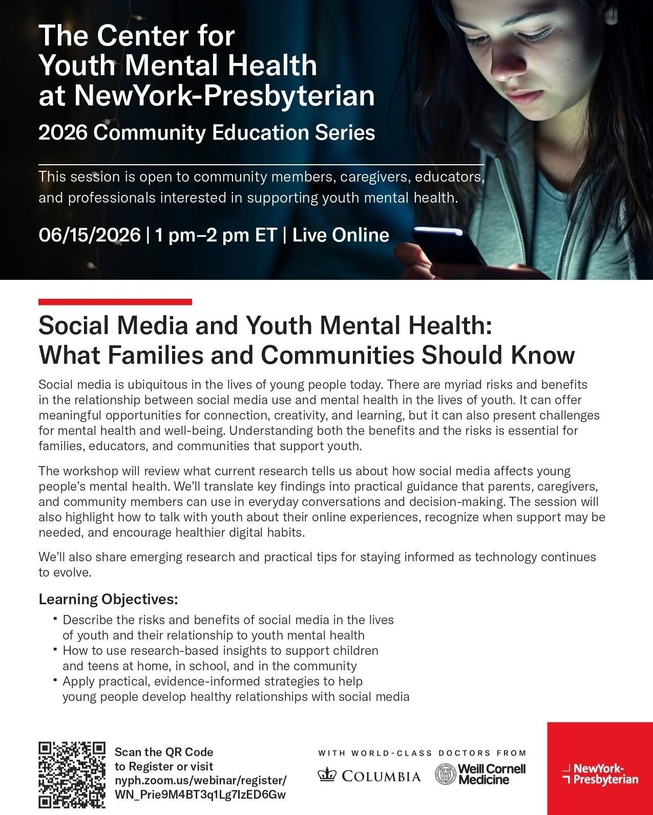Sharing the details for this informative online session presented by The Center for Youth Mental Health at New York Presbyterian, "Social Media and Youth Mental Health: What Families and Communities Should Know"
Register using this link: ny