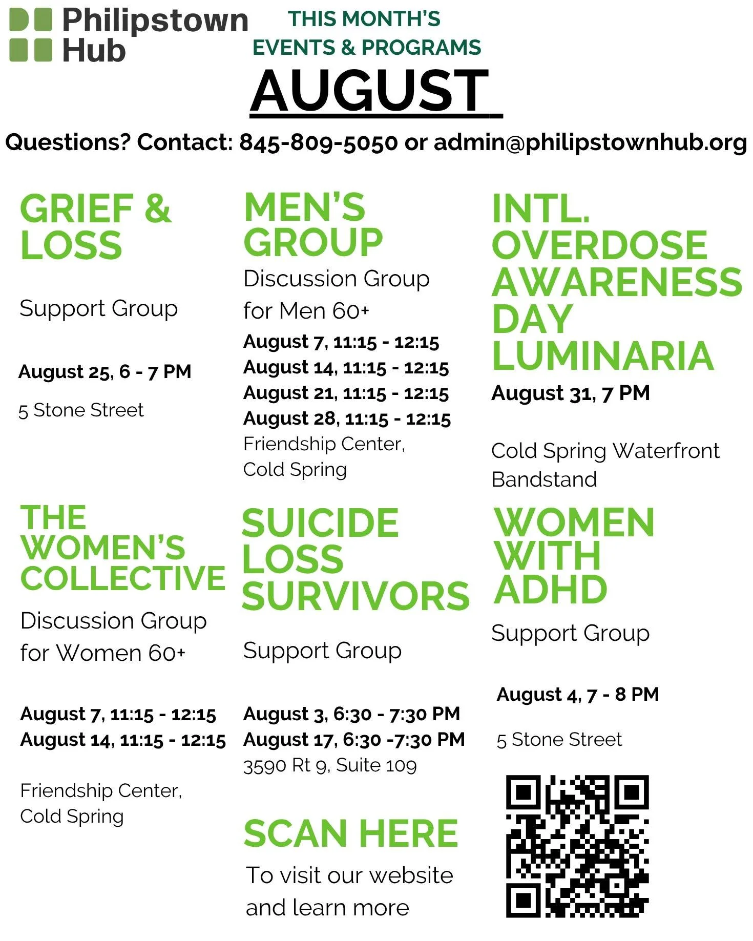 Here's what's happening at The Hub this August! See the flyers for all the details.

We invite you to join us on August 31st for our annual luminaria ceremony at the Cold Spring waterfront in recognition of International Overdose Awareness Day. 

To 