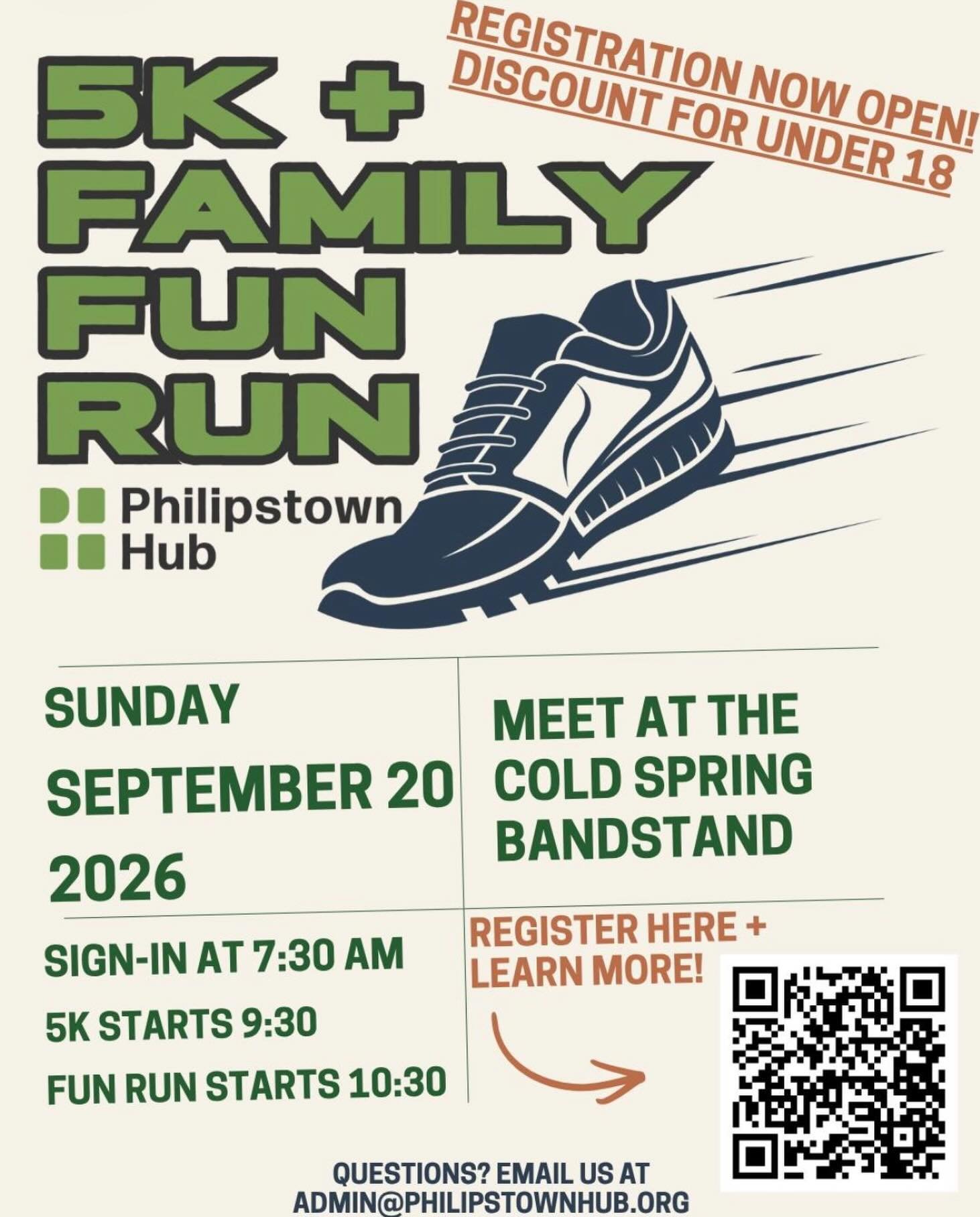 The 6th Annual Philipstown Hub and Family Fun Run is a month away ! Sign up now ! Half price for students.
Scan the QR code to register or go here ! 🏃&zwj;♂️🏃&zwj;♀️
Https://runsignup.com/race/NY/Coldspring/Hub5kandFamilyFunRun