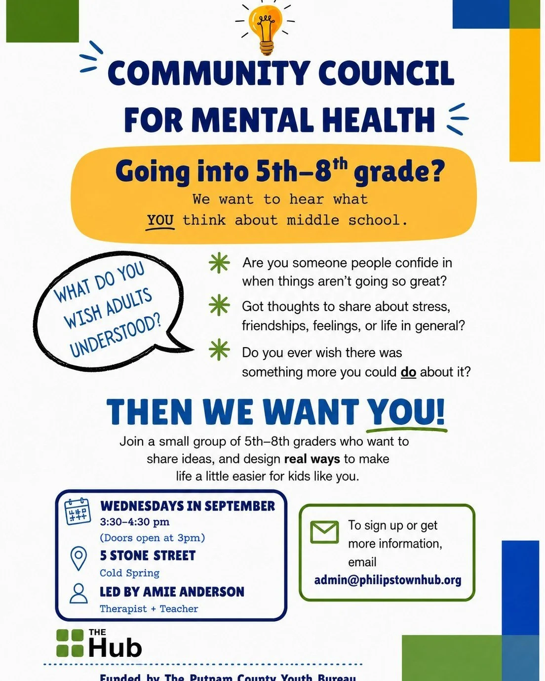Starting today! Are you a 5th-8th grader with something to say about what middle schoolers need to thrive, connect, and feel good about being themselves? We are looking forward to seeing you at the Hub this afternoon for the first ever Community Coun