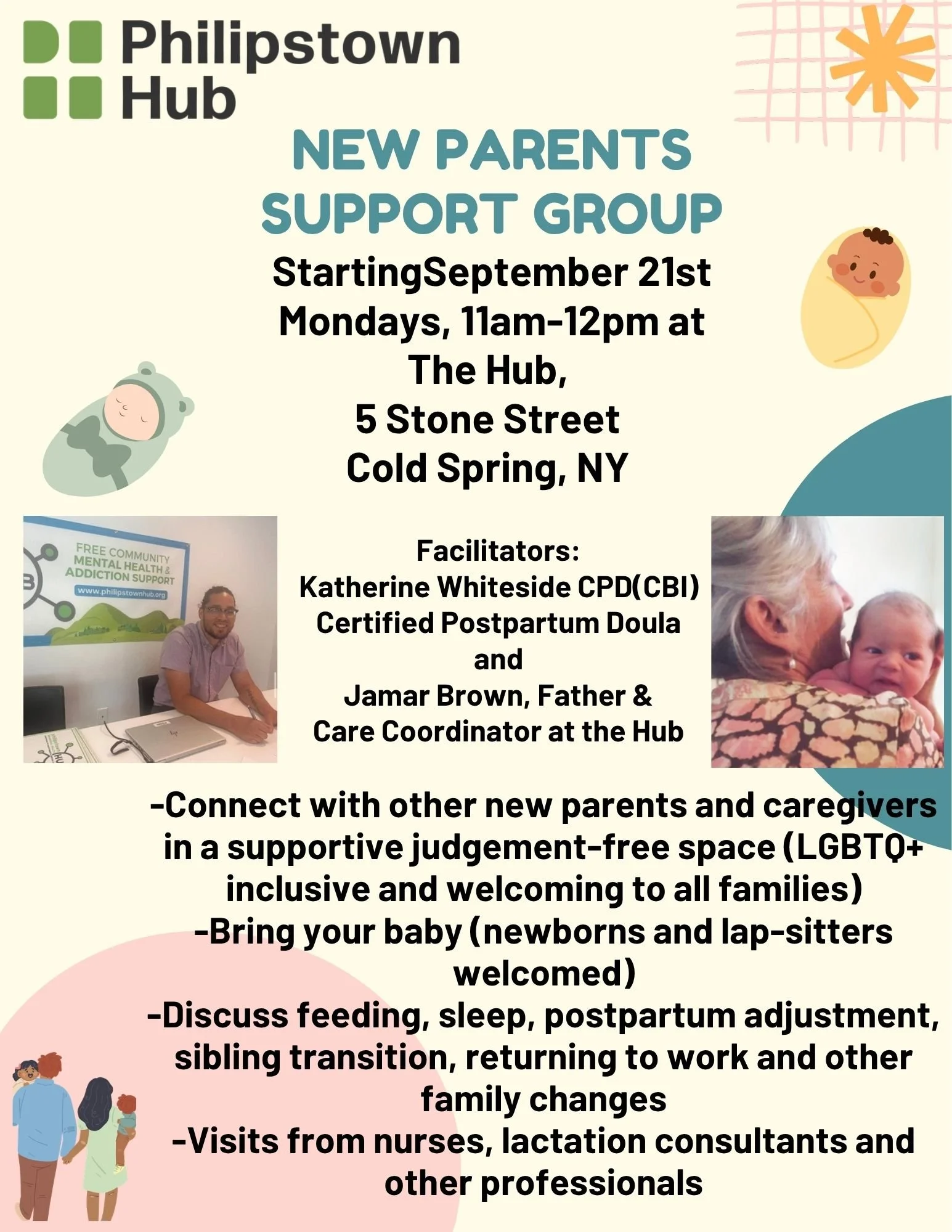 Are you a new parent who would like to meet up with others in the same boat? There is so much to talk about and learn from each other. Do you have questions about feeding, sleep, postpartum adjustment? Sibling transition, returning to work, or other 
