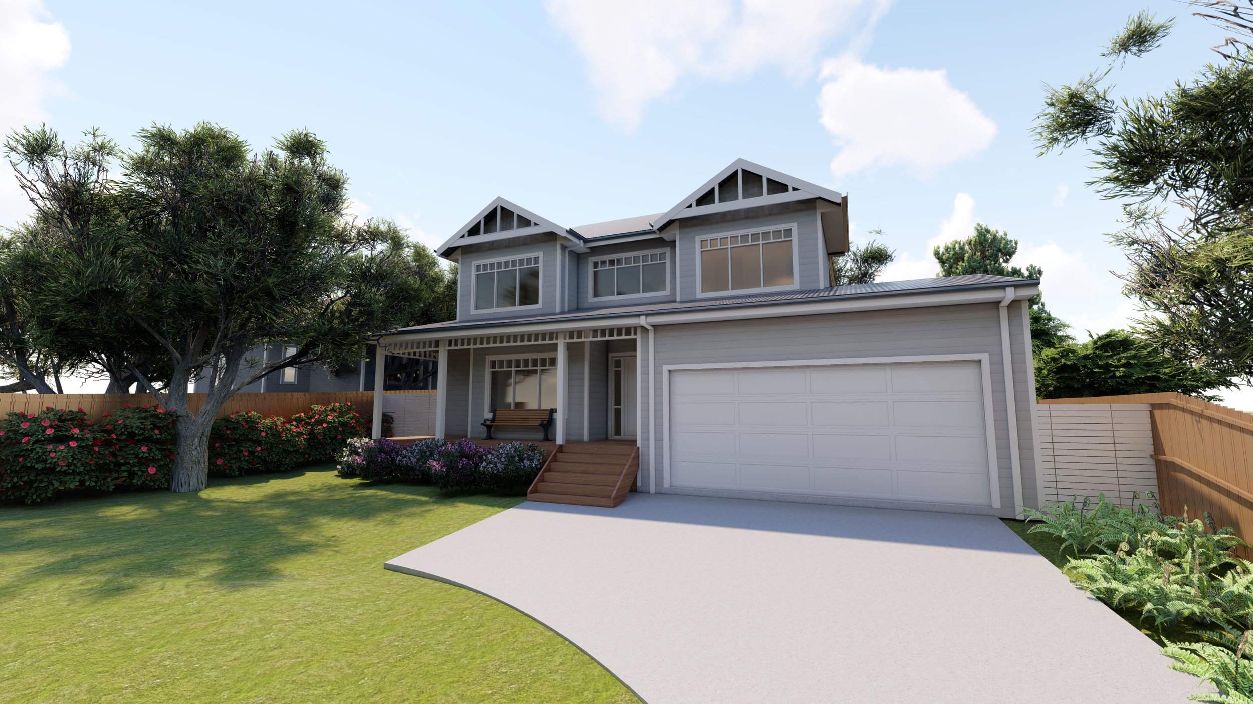 Two-story house with gray exterior, white trim, a front porch with bench, and a two-car garage, surrounded by a lawn, trees, and flowering bushes.