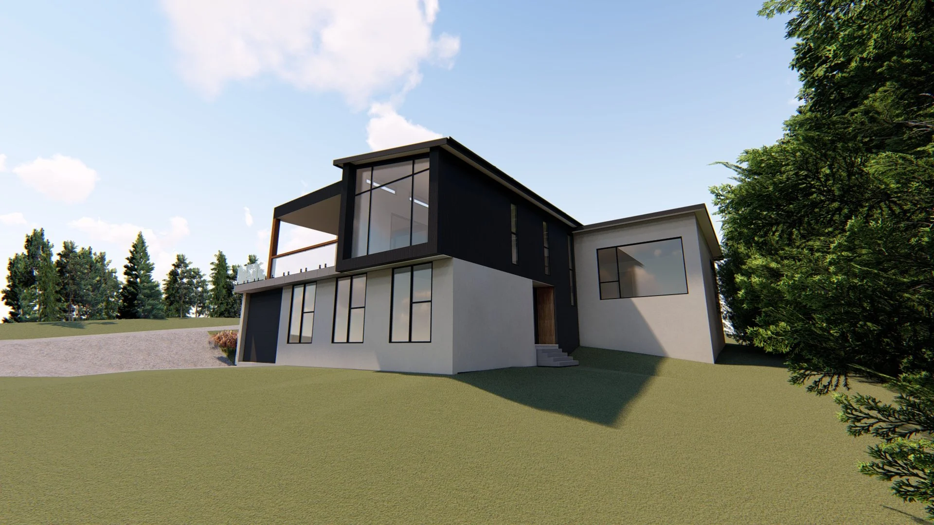 A modern two-story house with large windows, black and white exterior, situated on a grassy slope with trees in the background under a partly cloudy sky.