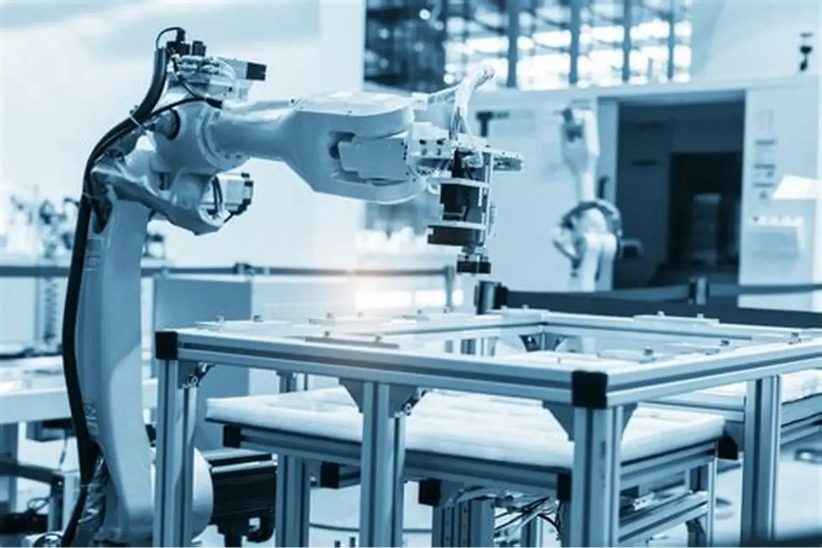 An industrial robotic arm working on a manufacturing process in a modern factory setting.