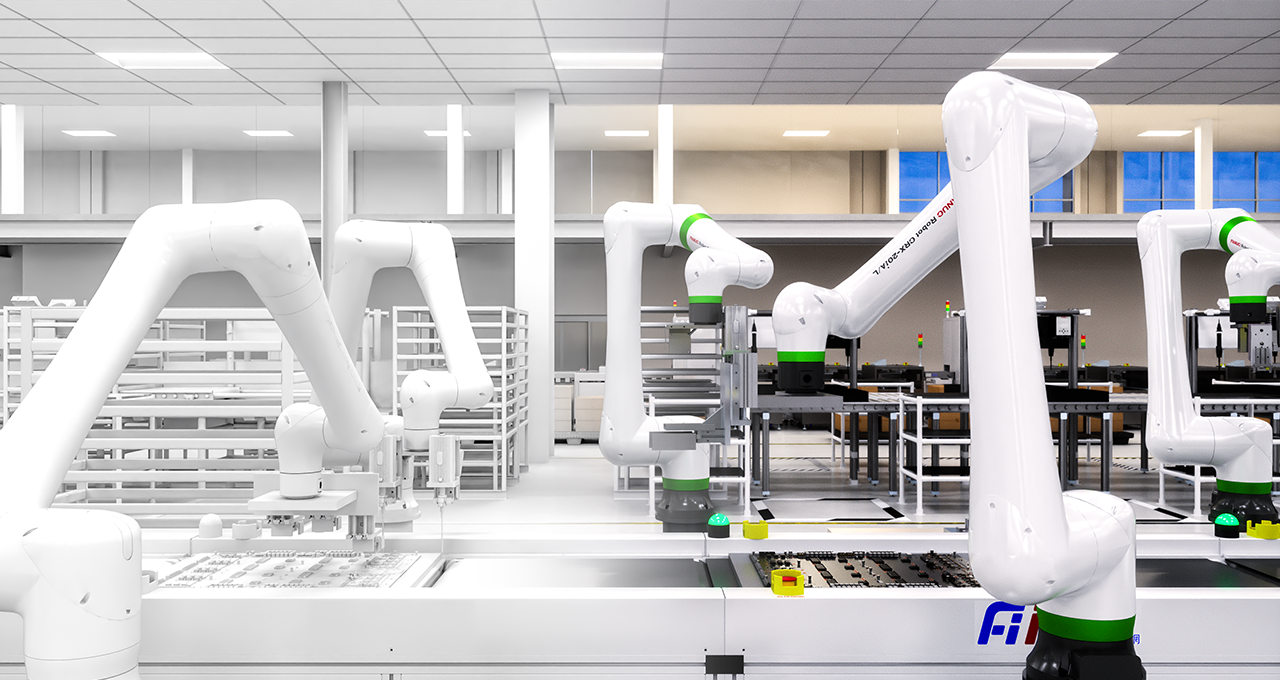 Automated manufacturing robots in a high-tech factory environment.