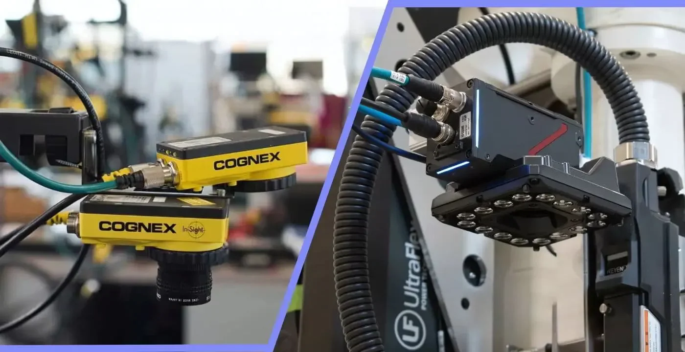 Close-up of two different industrial sensors or cameras, one yellow labeled 'Cognex' on the left and a black sensor on the right, both mounted on machinery in a manufacturing setting.