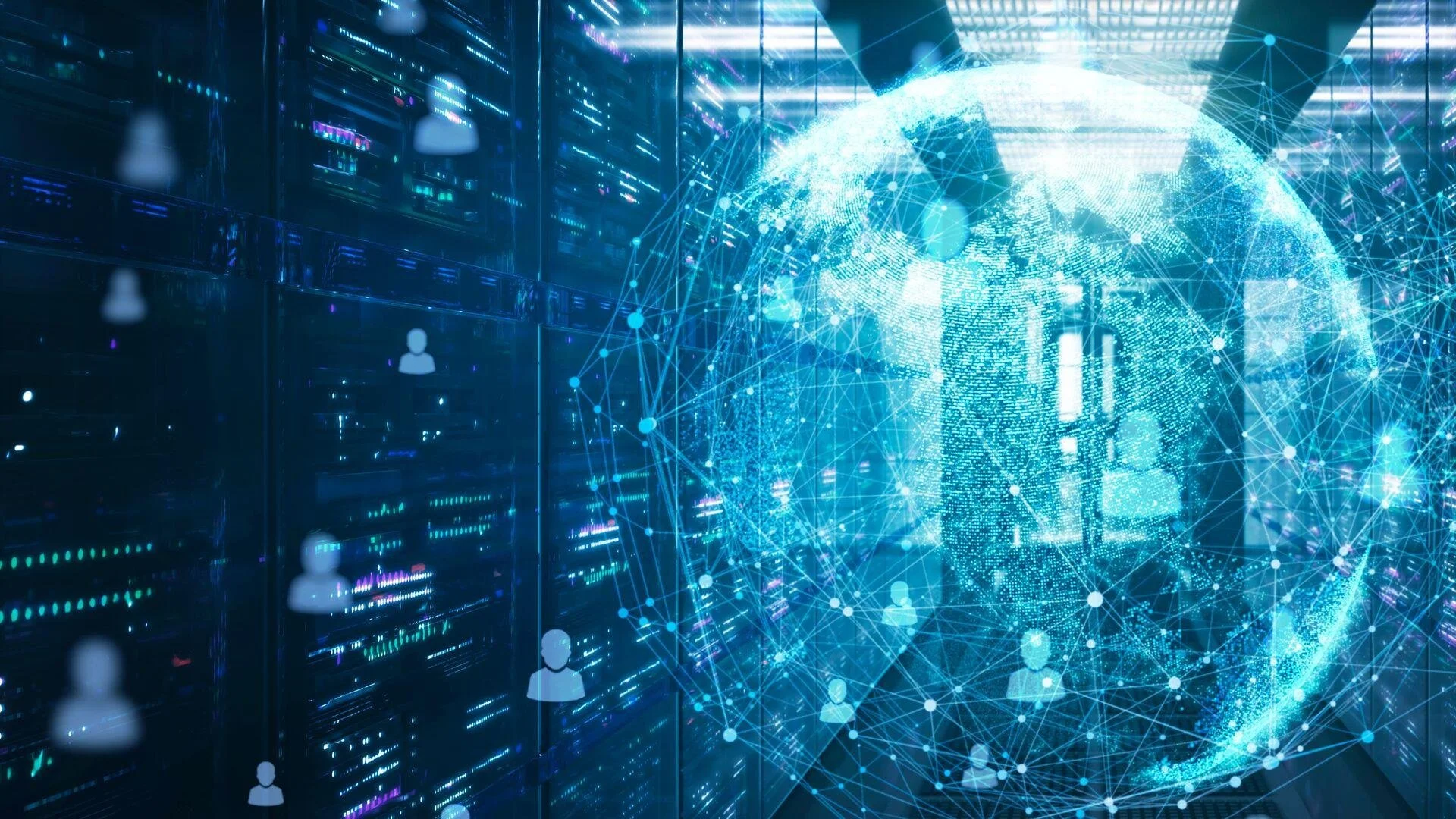 Data center with servers and a digital globe with interconnected nodes overlay