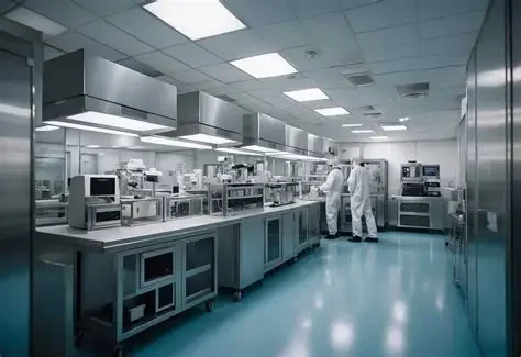 A clean laboratory with scientists working at workbenches, equipped with scientific instruments and computers.