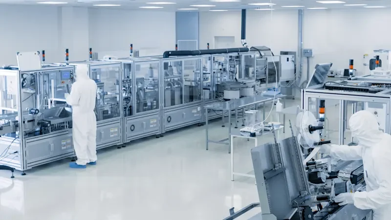 Manufacturing workers in protective gear operate machinery in a cleanroom environment.