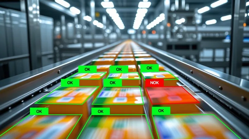 Conveyor belt with blurred packages, some marked with green "OK" labels and one package marked with a red "NOK" label in a warehouse or distribution center.