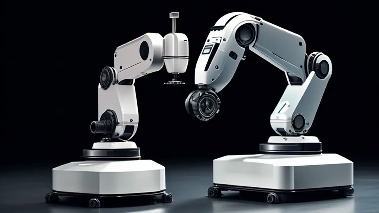 Two robotic arms facing each other, with the one on the left appearing to take a picture or scan the other.