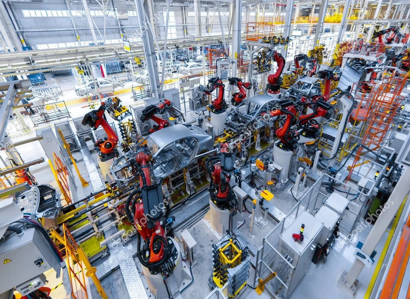 Automotive manufacturing factory with robotic arms assembling car bodies on an assembly line.