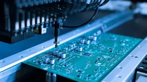 Close-up of a circuit board being assembled in a manufacturing process.
