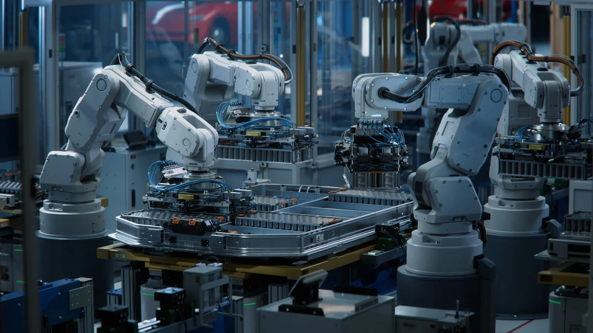 Industrial robotic arms assembling components on a manufacturing line