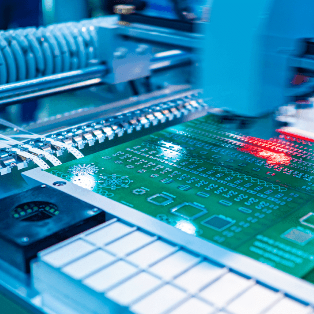 Close-up of a circuit board being assembled by industrial machinery in a high-tech manufacturing setting.