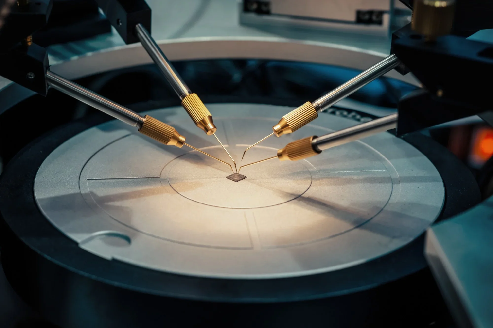 Laboratory setting with four microfabrication tools pointing at a small square object on a circular platform.