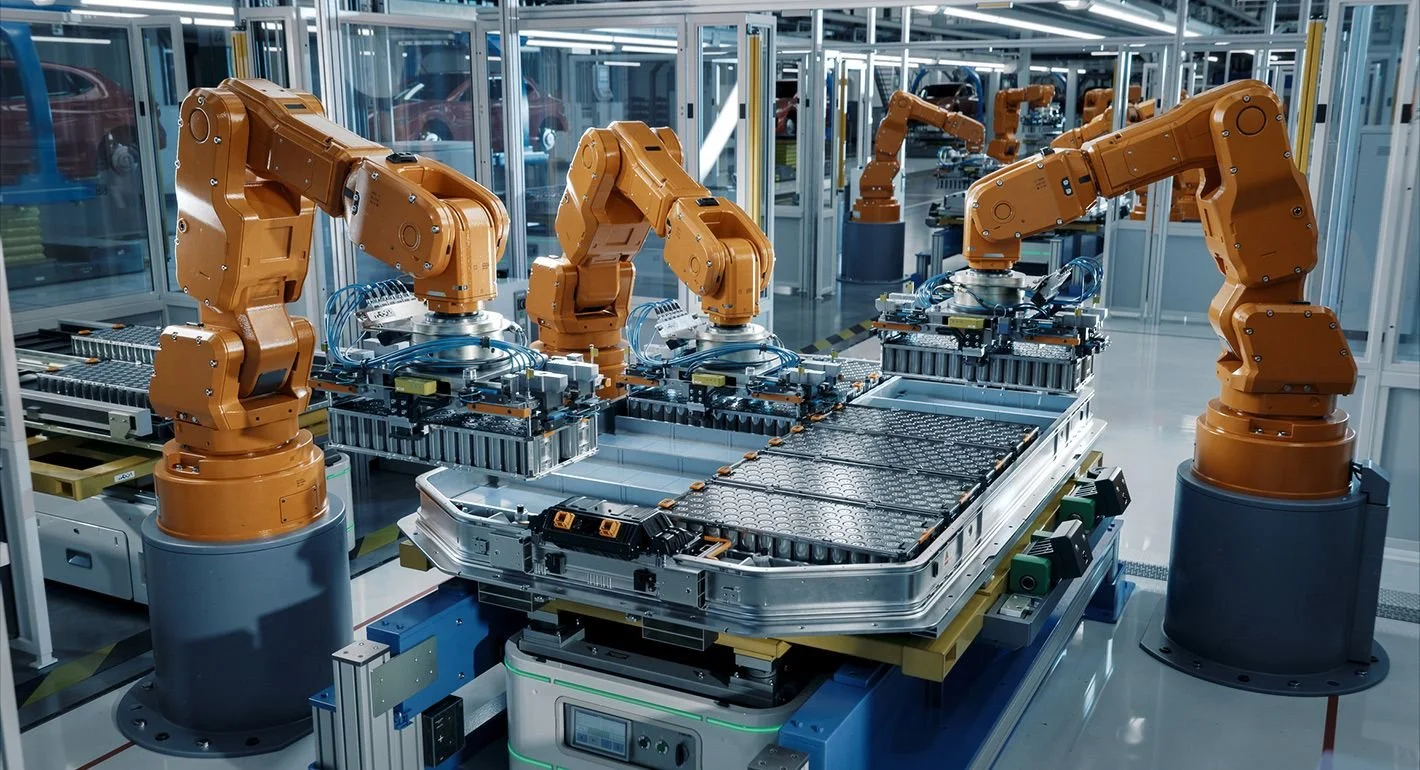 Multiple orange robotic arms assembling or working on a large metallic structure on a manufacturing or research facility floor.