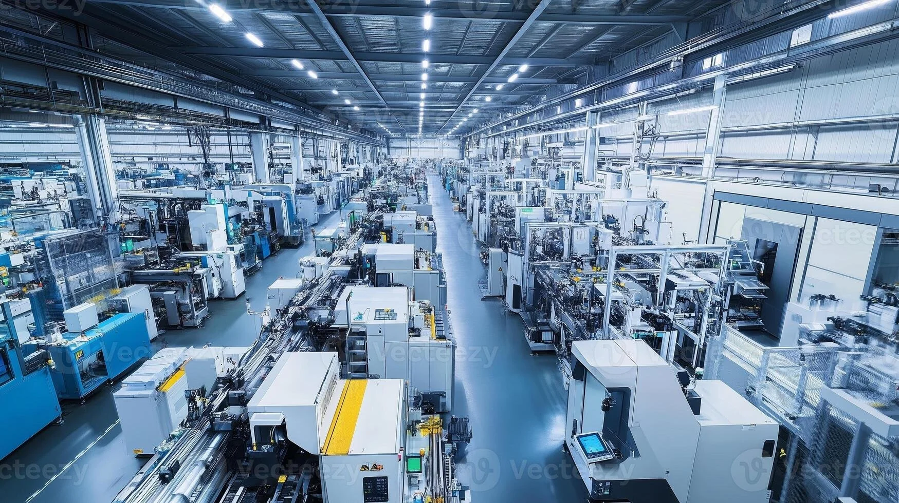 Large manufacturing factory with rows of advanced machinery and bright lighting.
