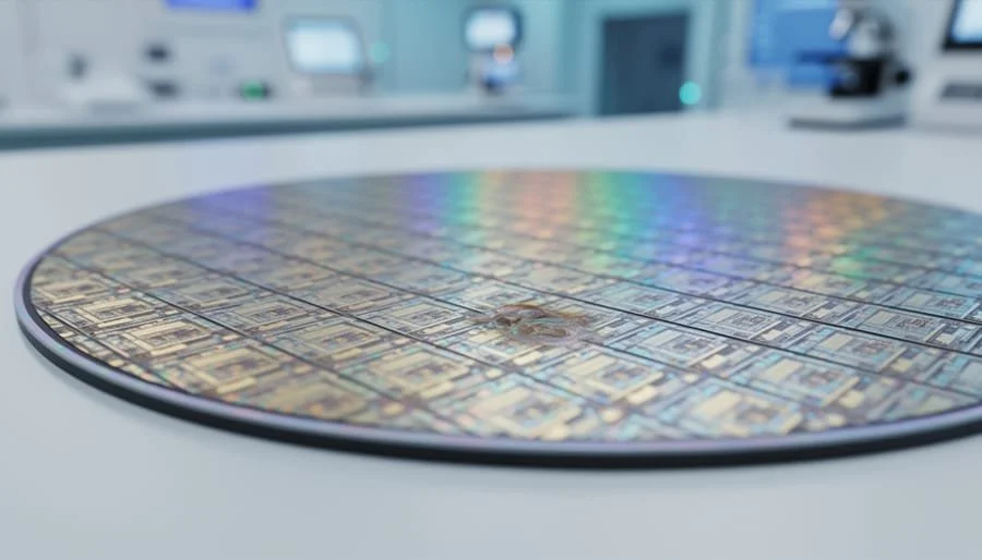 Close-up of a large, flat, circular integrated circuit chip with visible microchip patterns, sitting on a white surface in a laboratory setting.