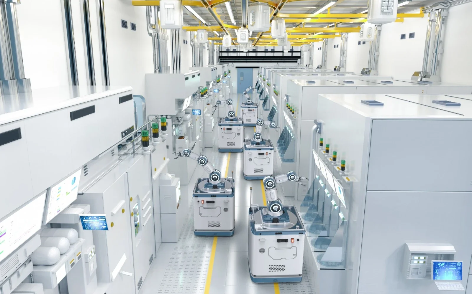 A futuristic laboratory featuring advanced robotic arms and machines in a clean, white environment, with yellow overhead supports and high-tech equipment.