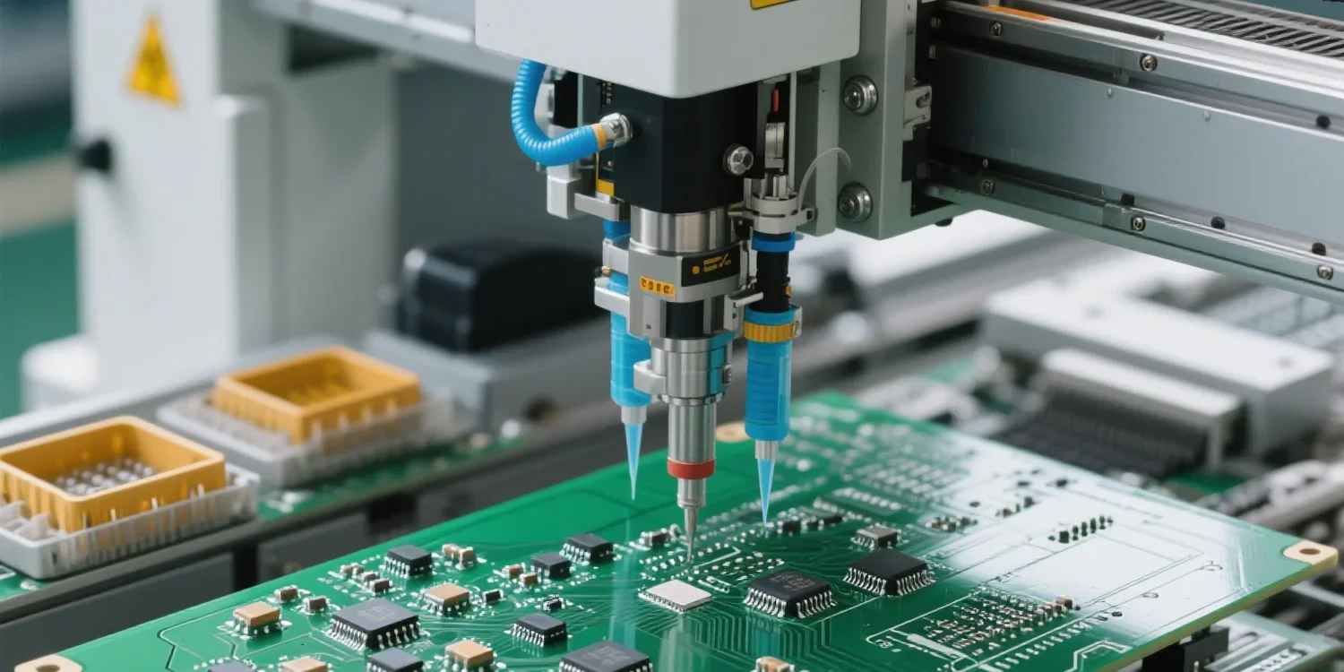 Close-up of a robotic arm working on a green circuit board with various electronic components.