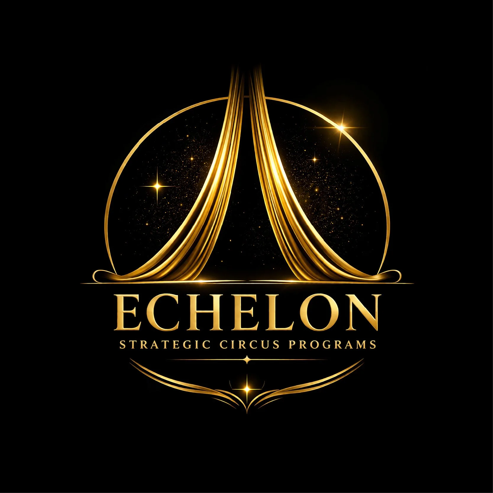 Graphic design for Echelon Strategic Circus Programs featuring a gold and black logo with a symmetrical, starry pattern and elegant text.