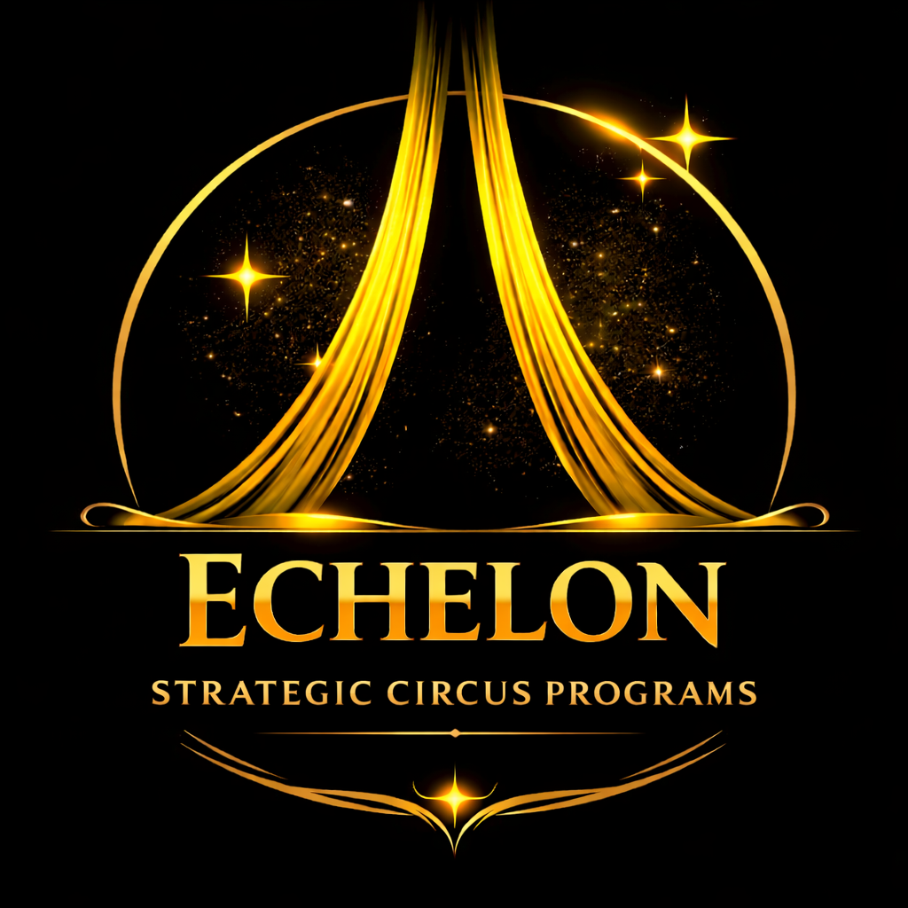 An elegant, gold-themed design featuring shimmering golden curtains or ribbons with stars and sparkles in a black background. Text reads 'Echelon' in large gold letters and 'Strategic Circus Programs' underneath.