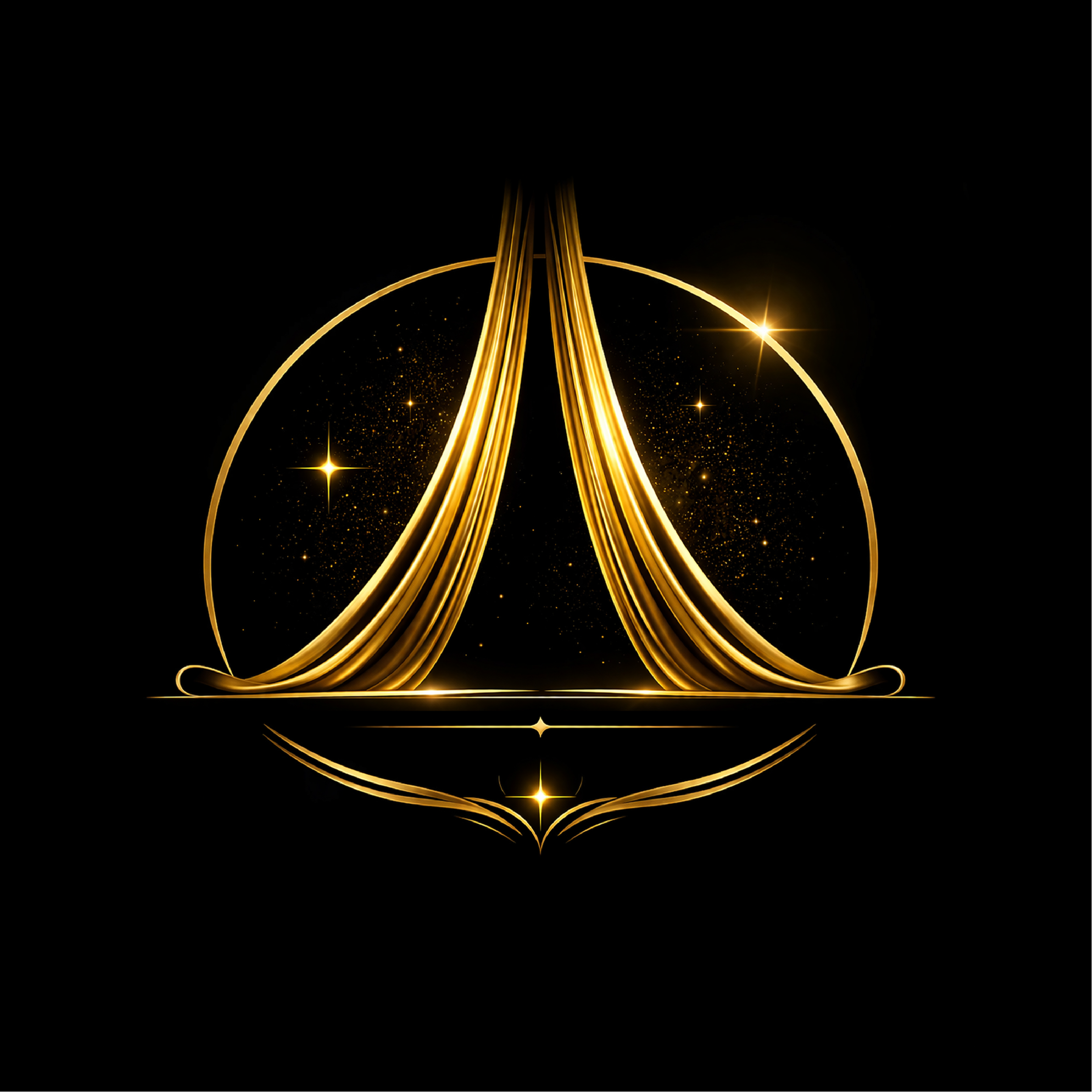 Gold glowing lines forming heart shapes and starburst effects against a black background.