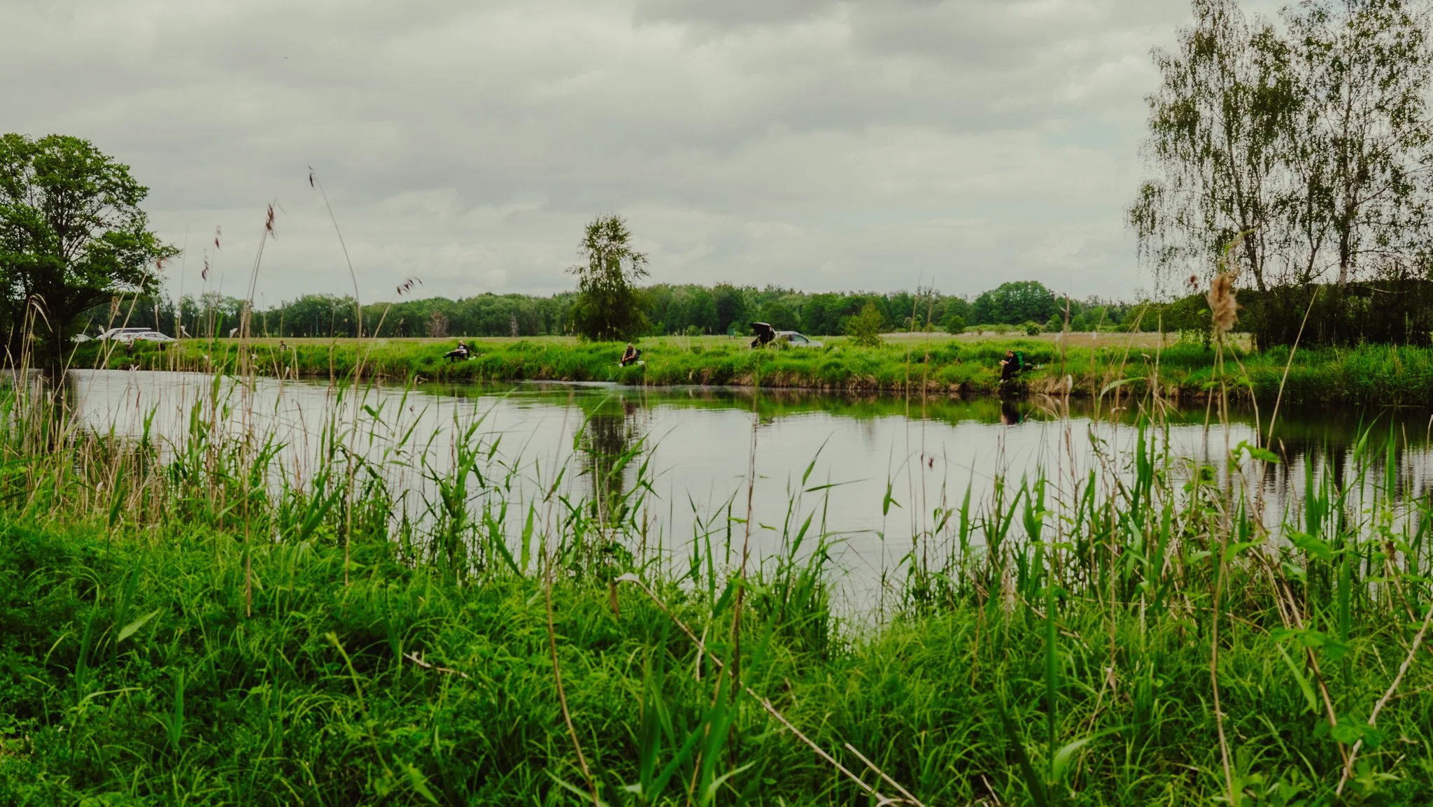 Ein ruhiger Fluss mit grün bewachsenen Ufern, im Hintergrund Bäume und ein Himmel mit Wolken. Am Ufer sind mehrere Fischer mit Angelruten zu erkennen.