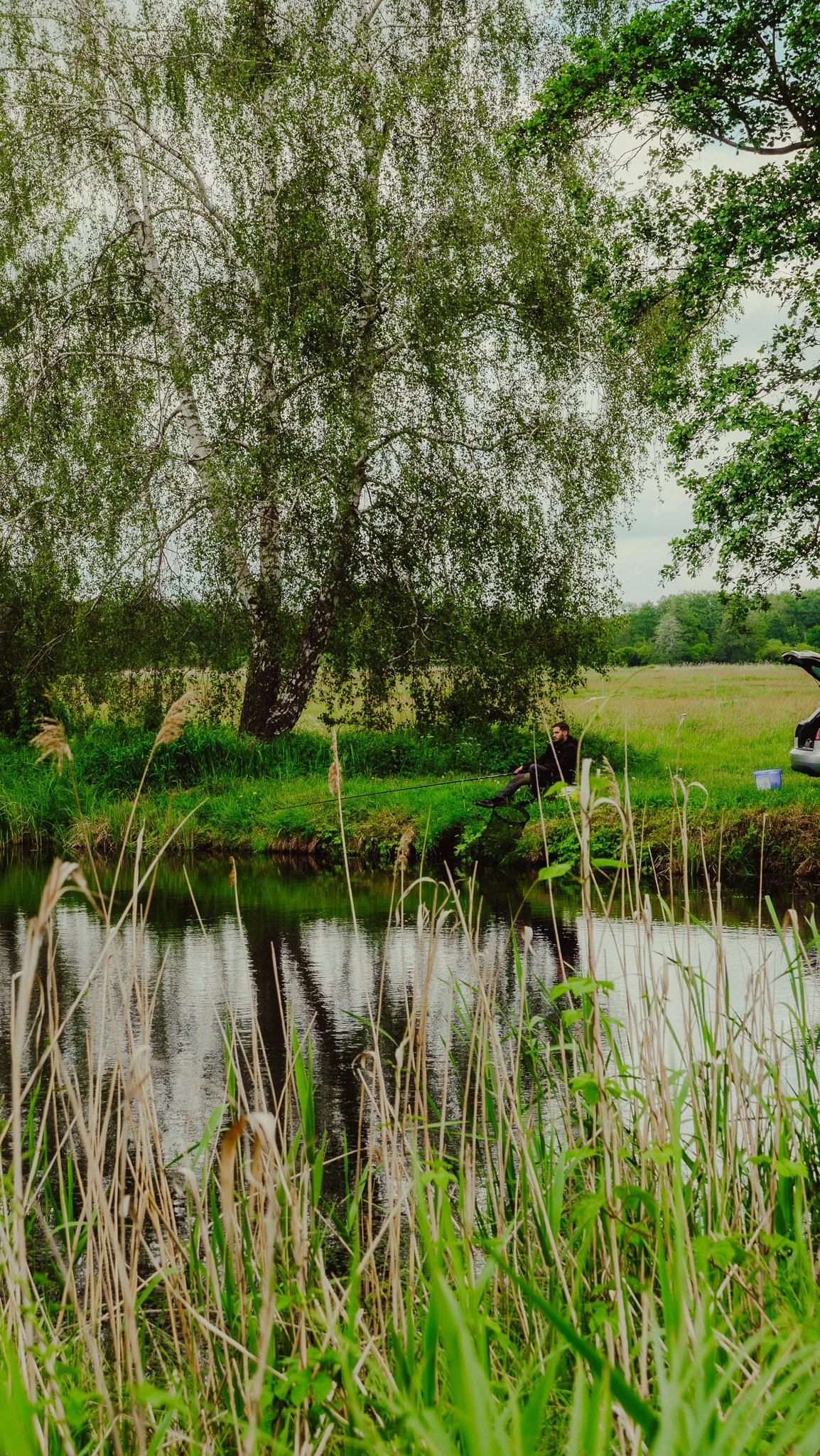 Ein Mann sitzt am Ufer eines Flusses unter einem großen Baum, umgeben von grünem Gras und hohen Gräsern. Es ist bewölkt, und im Hintergrund ist eine Wiese und Bäume sichtbar. Auf der rechten Seite befindet sich ein Auto mit offenem Kofferraum, neben 
