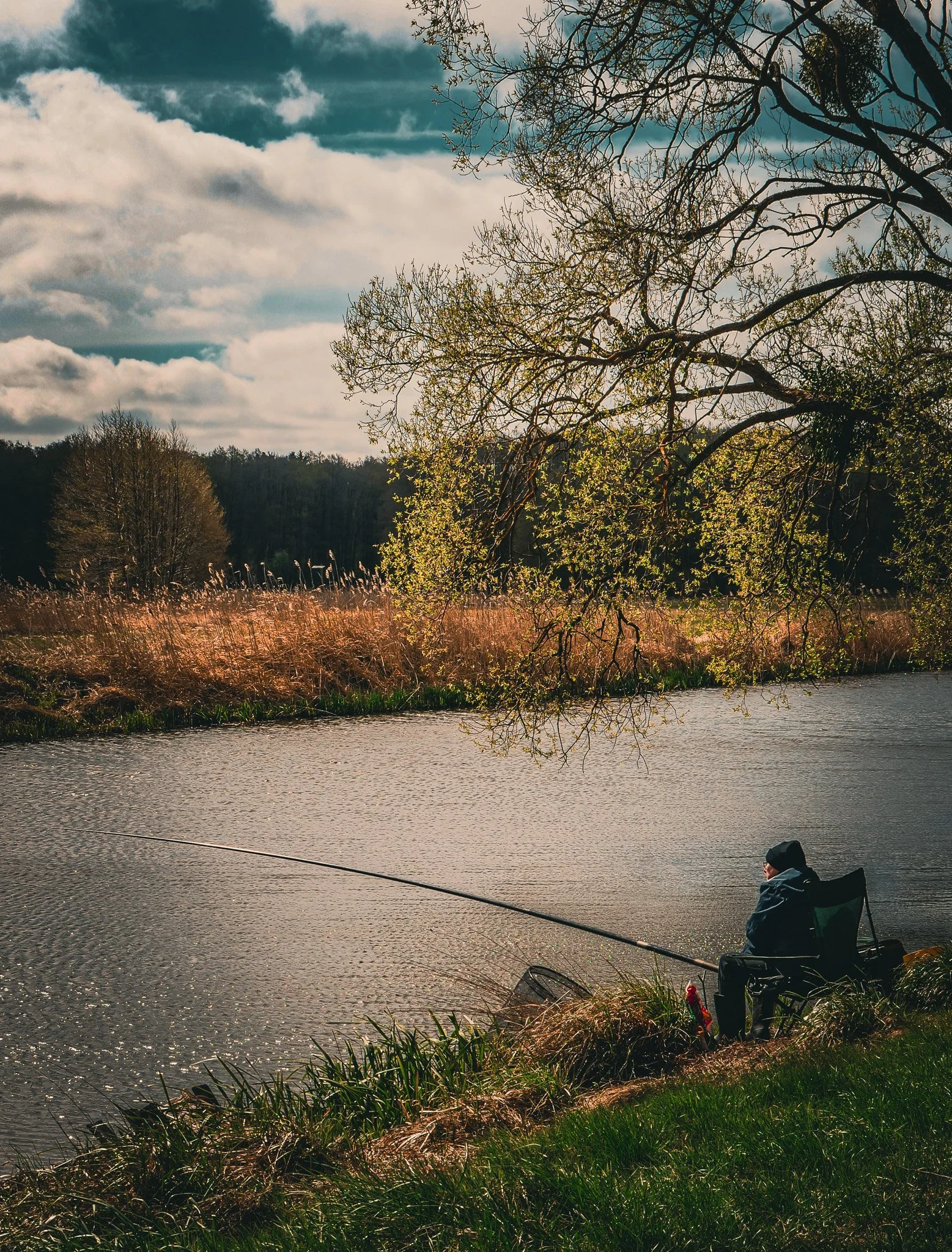 Ein Angler sitzt an einem Flussufer und fischt, während die Sonne durch die Wolken scheint und die Landschaft mit Bäumen und Gras im Hintergrund sichtbar ist.