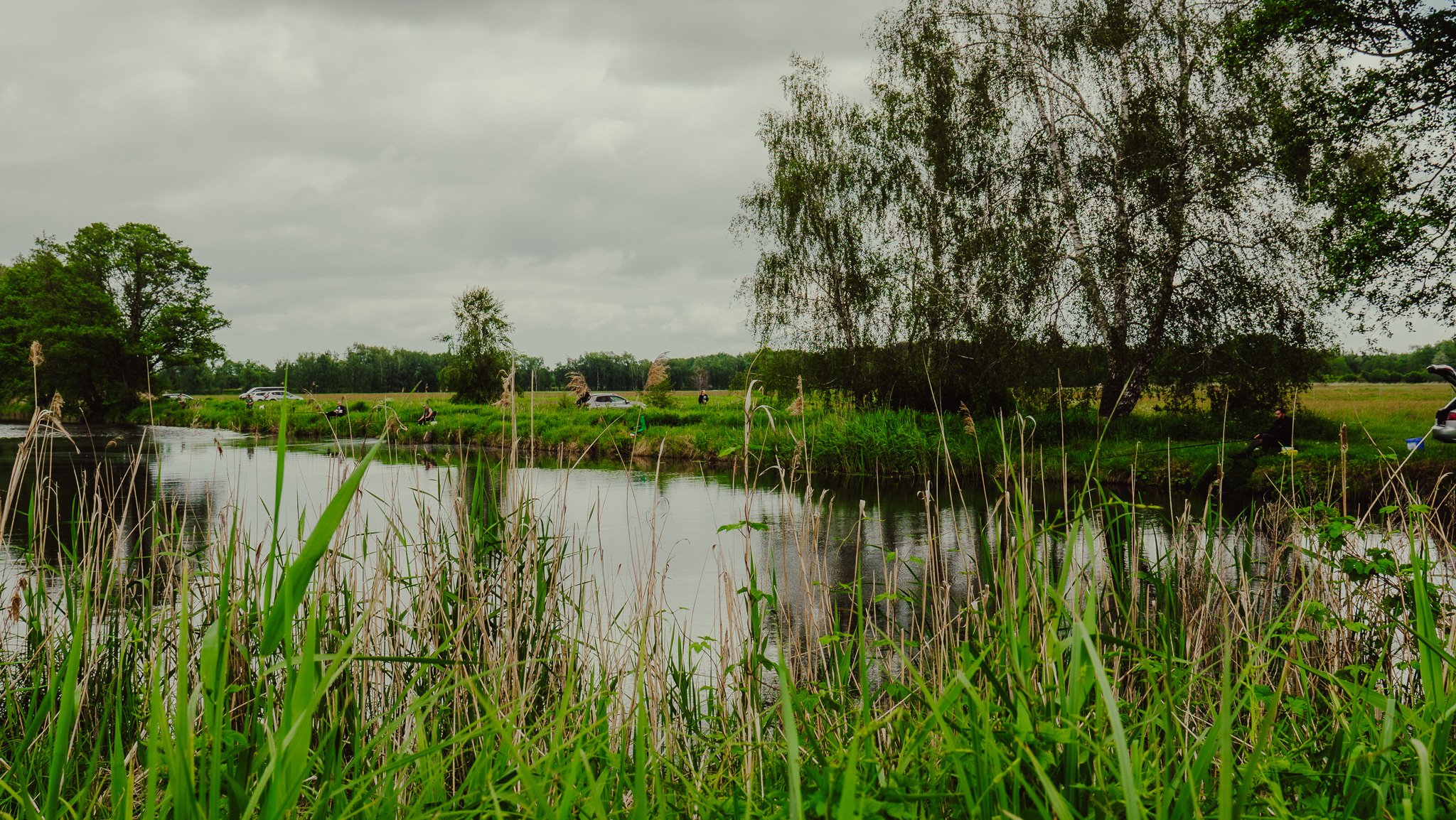 Ein Fluss mit umgebenem Gras, Bäumen und einigen Anglern am Ufer an einem bewölkten Tag.