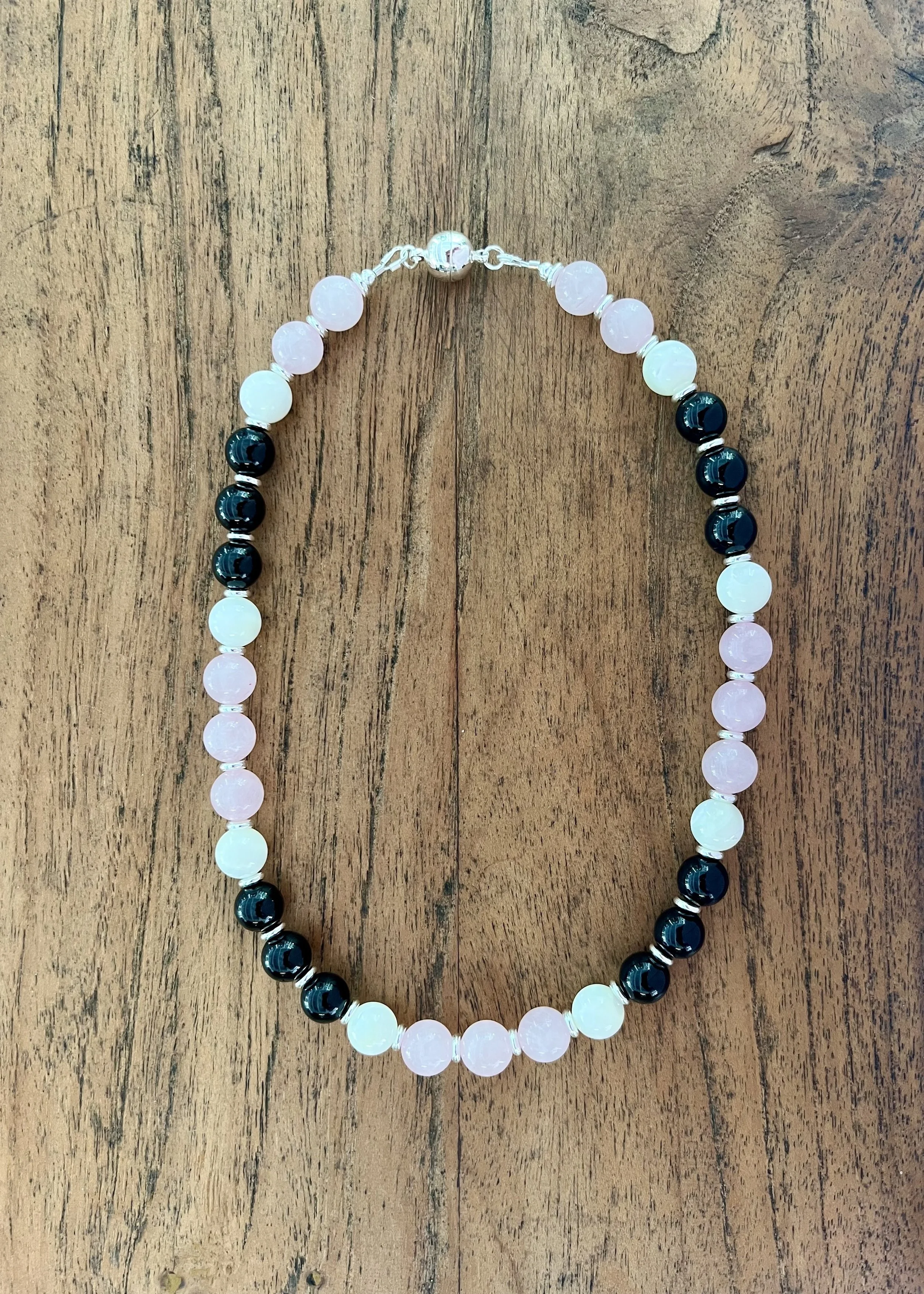 "CATHY ANN" A stunning and sophisticated Rose Quartz, Onyx & Mother of Pearl Beaded Necklace