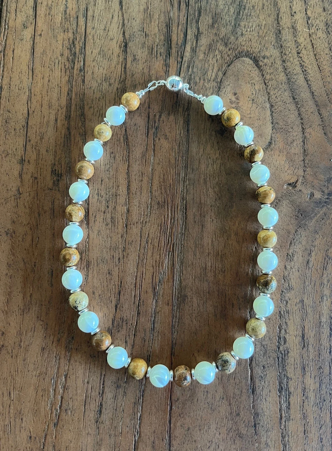 "MELISSA JANE"   A delicate earthy and luminous Mother of Pearl and Picture Jasper beaded necklace