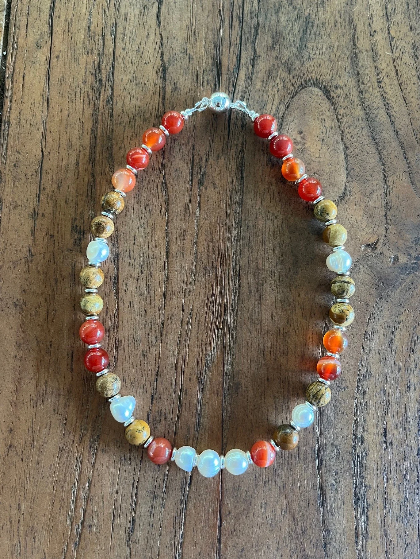 "ROBYN MAREE"   A natural blend of sparkle Picture Jasper, Carnelian and Freshwater Pearl Beaded Necklace